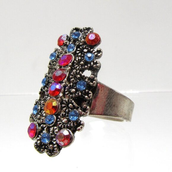 Red & blue rhinestone cocktail ring size 8 - 9 NEW - Picture 2 of 12